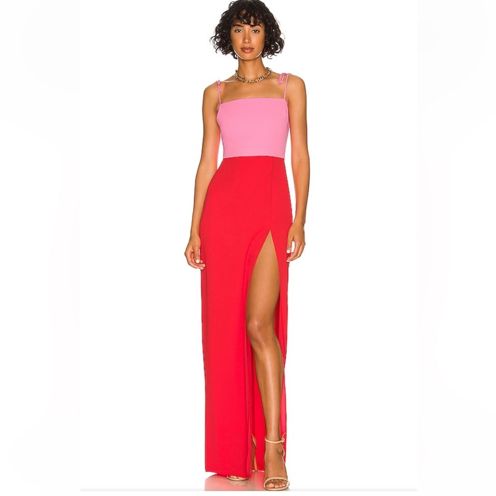Amanda Uprichard Avani Gown in shocking pink and crimson.
